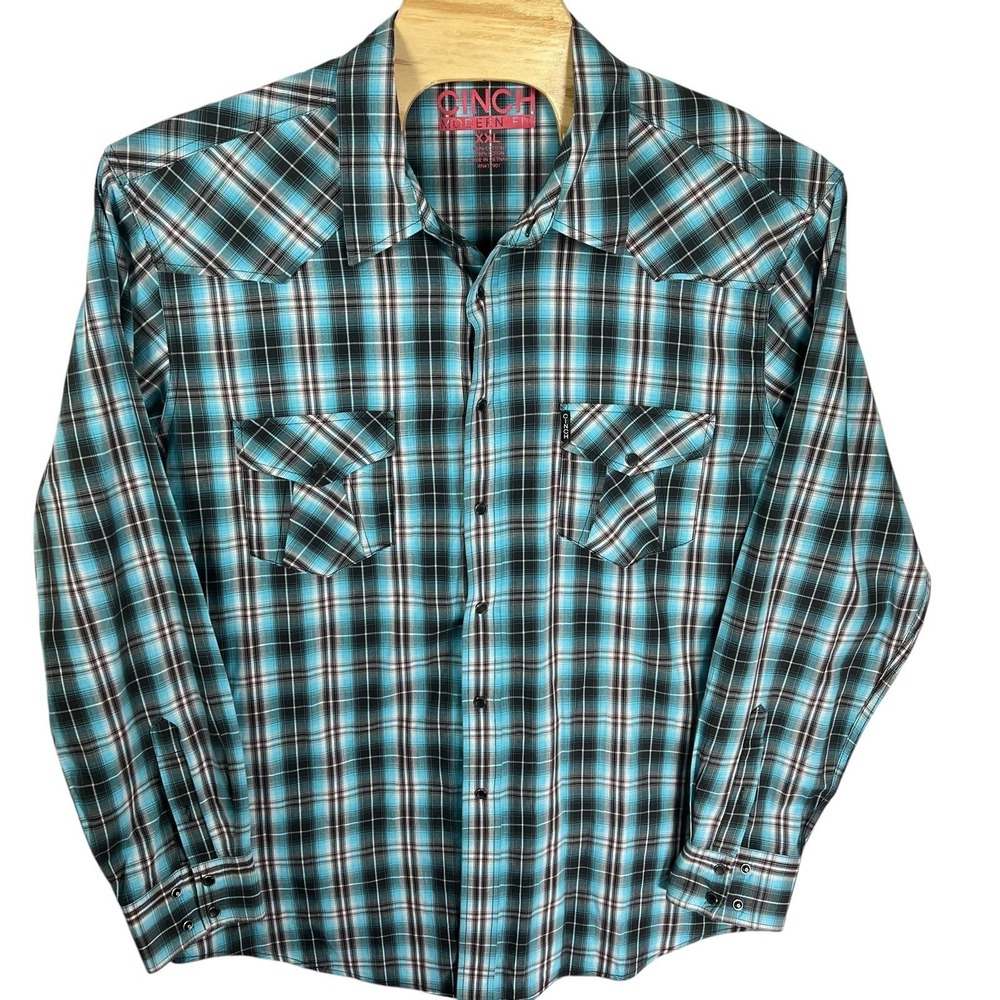Cinch Modern Fit Men XXL Plaid Pearl Snap Cotton Long Sleeve Western Shirt - Picture 2 of 5